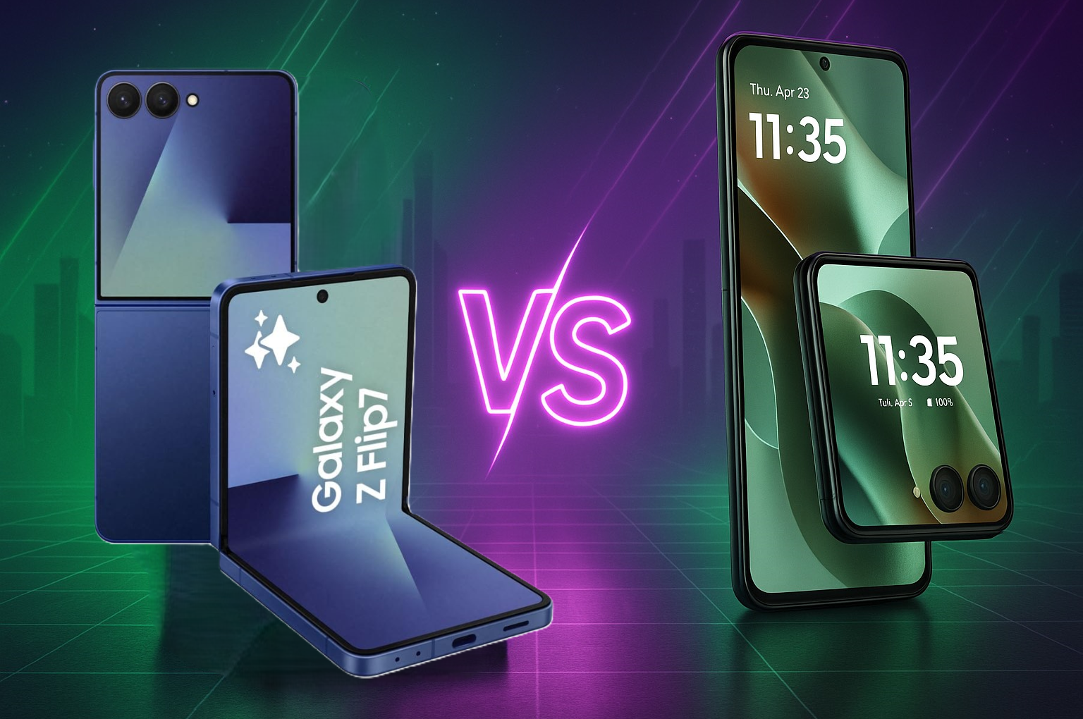 Comparativa Motorola Razr 60 Ultra Flip vs Samsung Galaxy Z Flip7 con fondo futurista verde y morado y un VS central brillante.