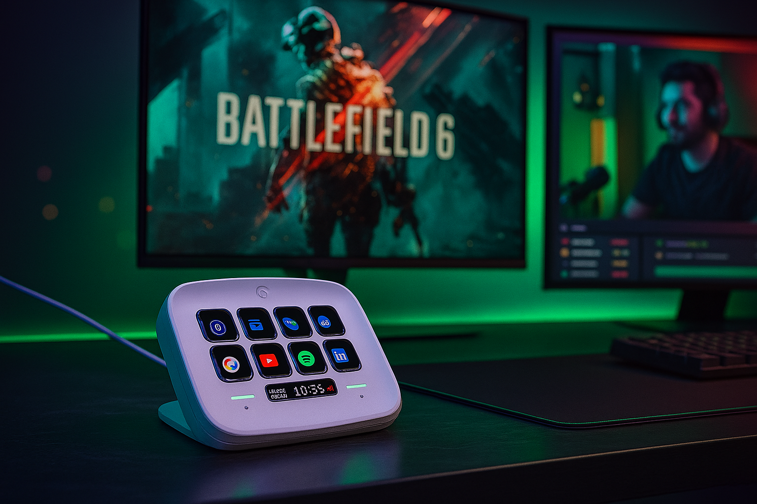 “Elgato Stream Deck Neo en un escritorio moderno, mostrando sus 8 teclas iluminadas y dos zonas táctiles, ideal para creadores de contenido y profesionales.”