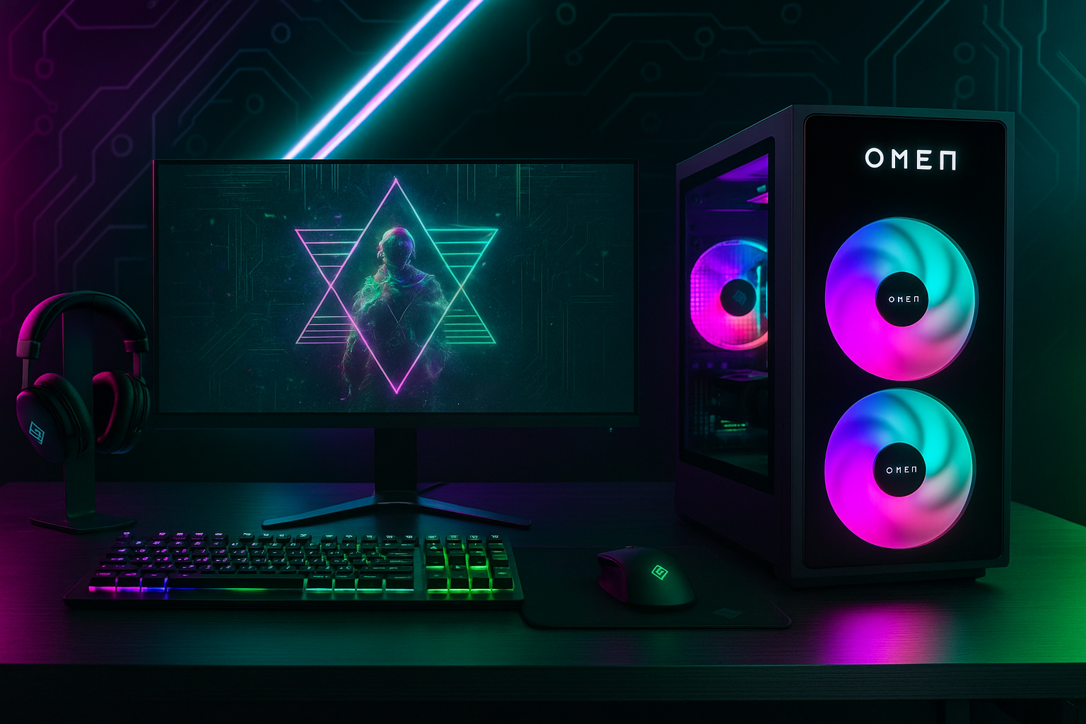 “HP OMEN 35L Gaming Desktop con iluminación RGB en un escritorio moderno con setup gamer.”