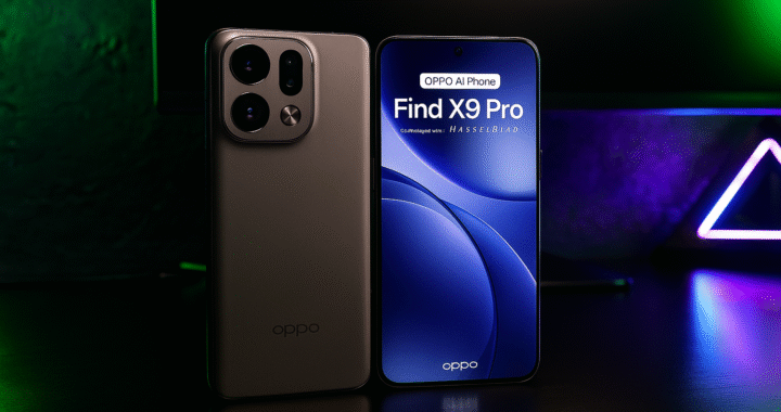 OPPO Find X9 Pro 16GB+512GB en escritorio futurista con luces LED verde y morado.
