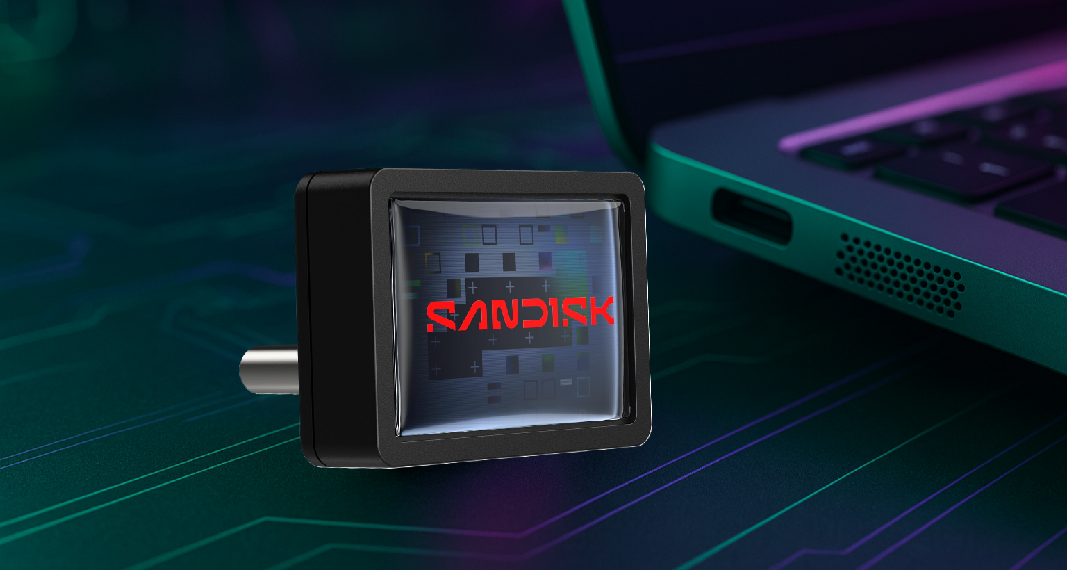 SanDisk Extreme Fit USB-C 512 GB en escritorio futurista con luces verdes y moradas