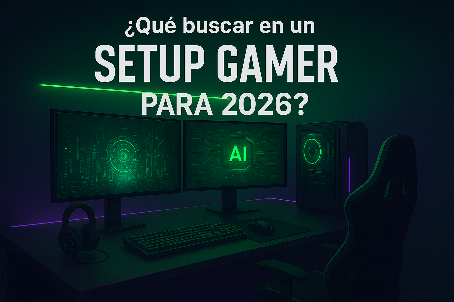 Setup gamer futurista 2026 con IA, pantallas ultra anchas, luces RGB y equipo de streaming profesional.
