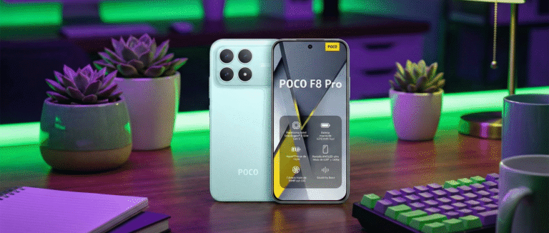 "Smartphone Xiaomi POCO F8 Pro color menta reposando sobre un escritorio de madera en un entorno de setup gamer con iluminación LED ambiental verde y morada, junto a periféricos y plantas suculentas."