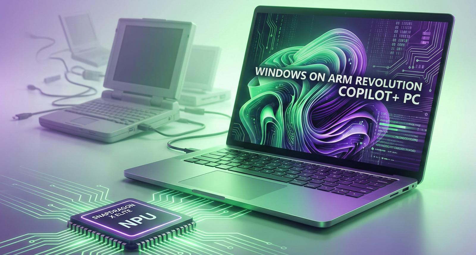 Ilustración futurista de un portátil Copilot+ PC mostrando el chip Snapdragon X Elite y tecnología NPU para inteligencia artificial en Windows.