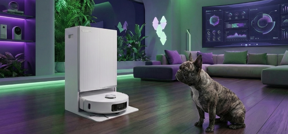 "Robot aspirador Dreame Matrix10 Ultra blanco con su base de autovaciado en un salón moderno con luces led moradas y verdes, observado por un perro bulldog francés."