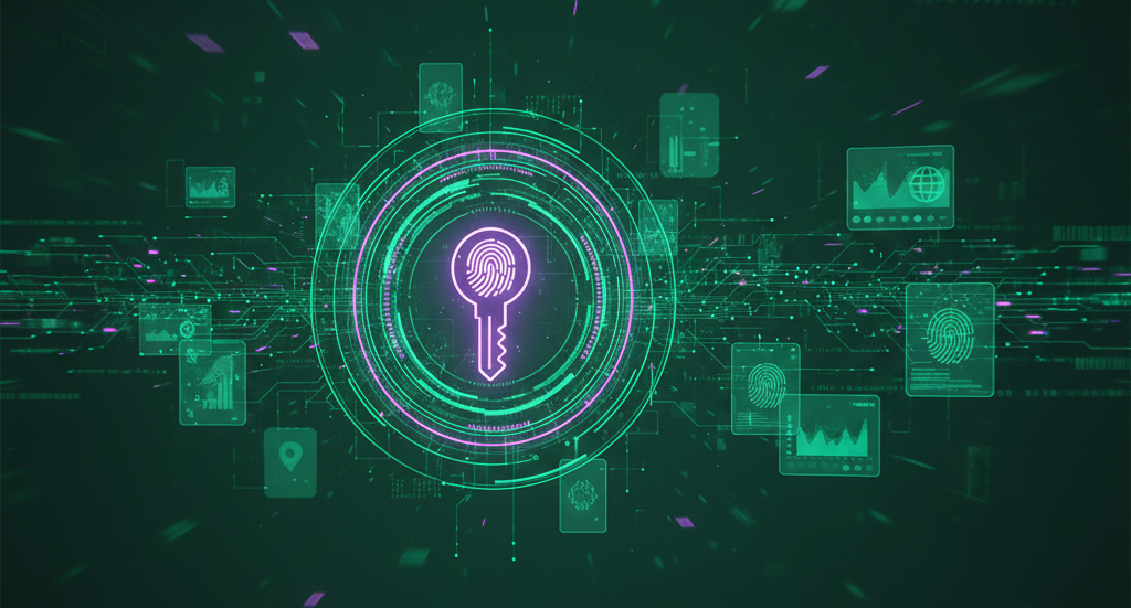 Ilustración conceptual de seguridad digital Passkey con icono de llave y huella dactilar en tonos verdes y morados.