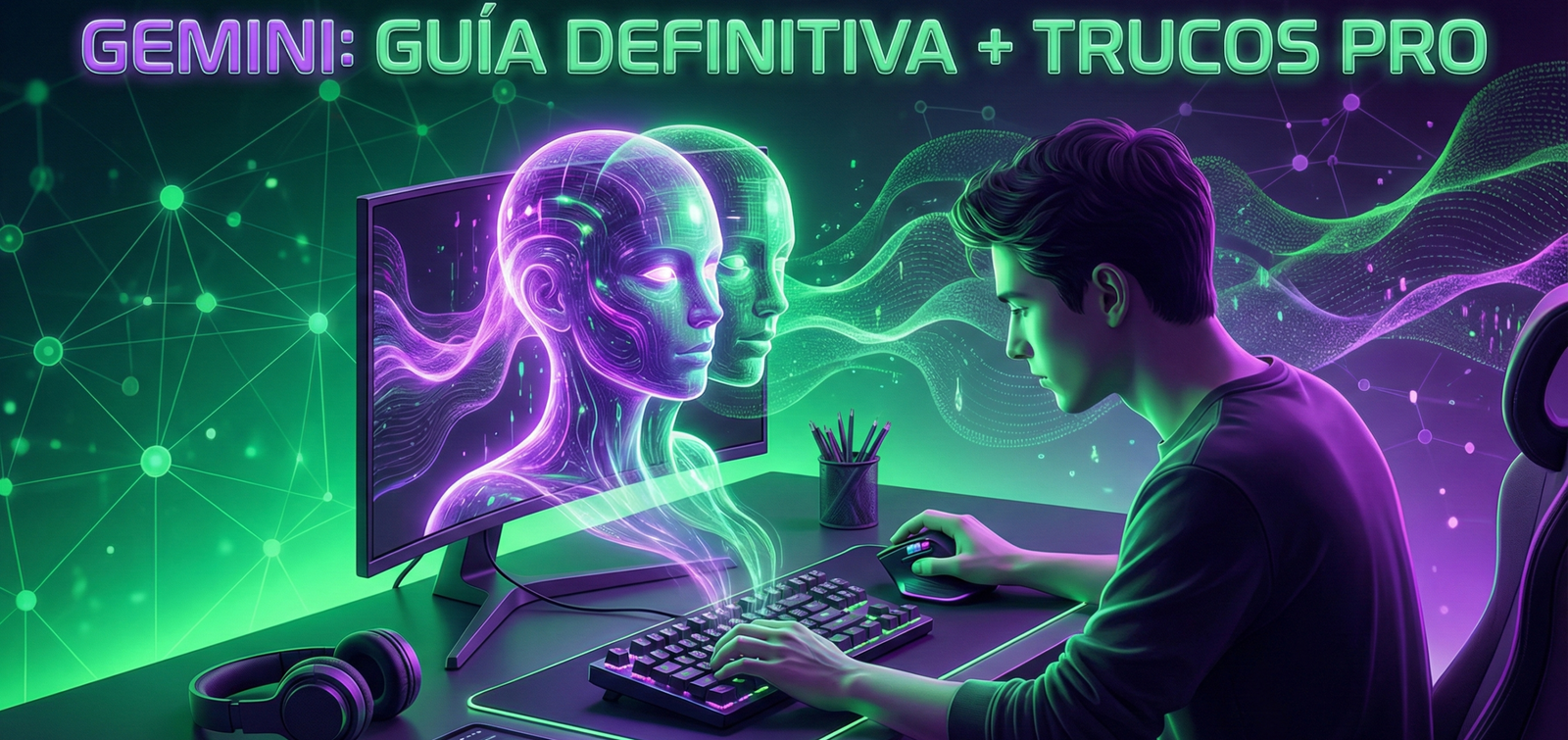 Portada del artículo "Gemini: Guía Definitiva + Trucos Pro", mostrando a un usuario en un escritorio futurista con luces de neón interactuando con la interfaz de la IA de Google.