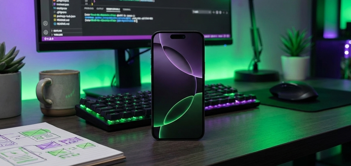 iPhone 17 Air apoyado verticalmente en escritorio con iluminación LED verde y morada, mostrando pantalla de inicio de iOS 19 y diseño sin bordes.