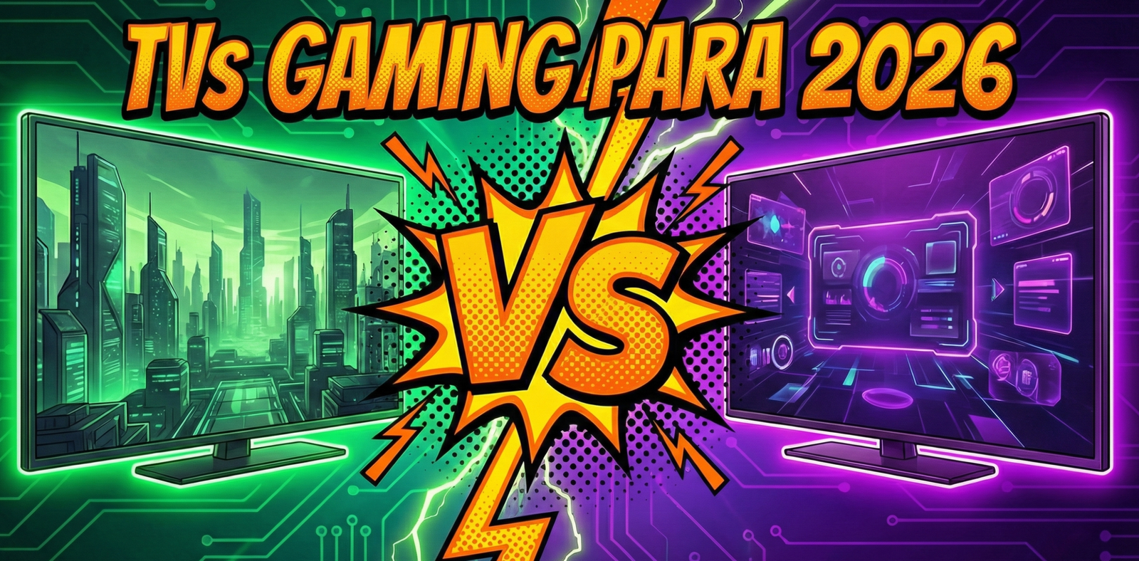 "Ilustración de portada estilo cómic con el título 'TVs GAMING PARA 2026', comparando visualmente dos televisores futuristas en tonos verdes y morados con un gran VS central, para el artículo sobre PS5 Pro y PC."