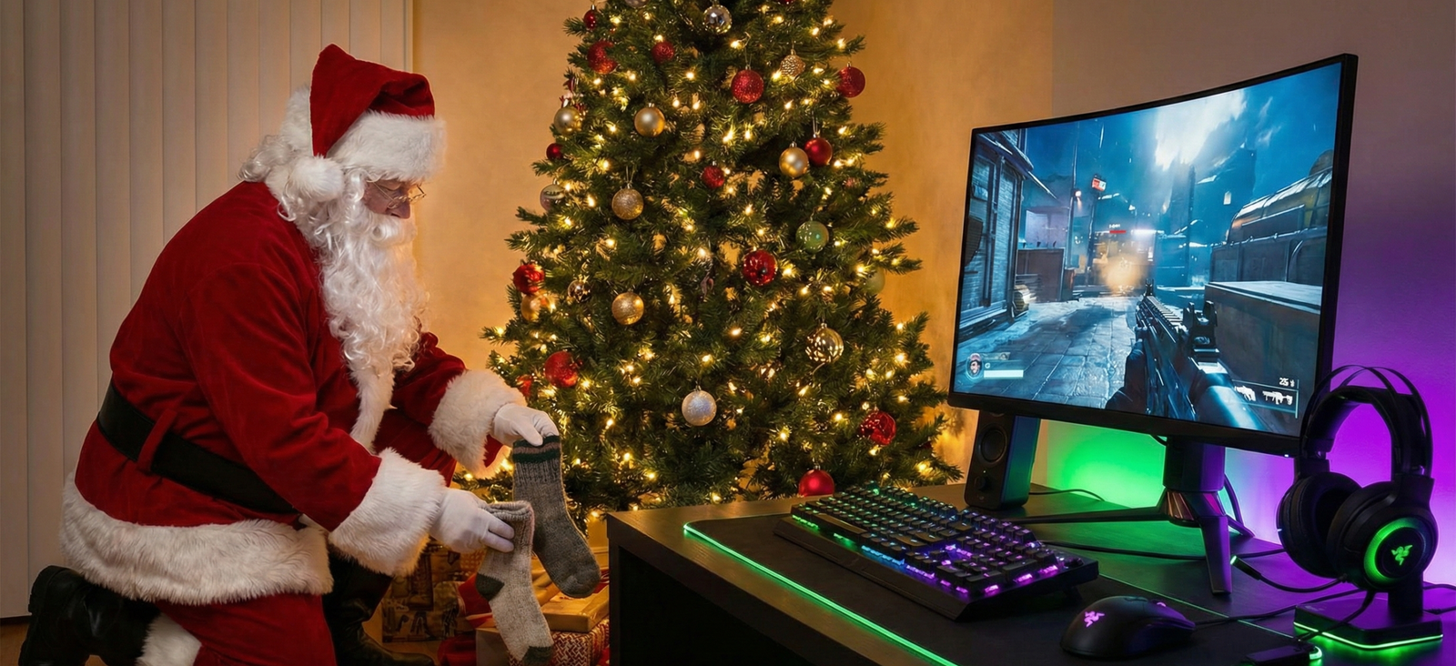 "Santa Claus colocando calcetines bajo un árbol de Navidad iluminado junto a un completo setup gaming con monitor curvo, teclado mecánico y luces RGB verdes y moradas, representando upgrades de PC para Navidad."