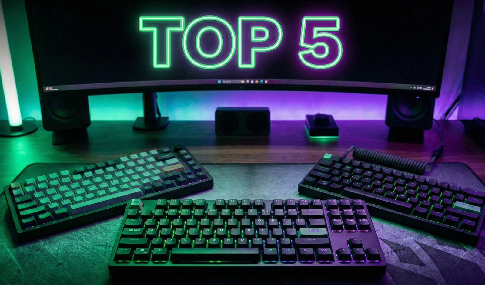 "Portada del artículo Top 5 Mejores Teclados Gaming 2025, mostrando setup con teclados mecánicos e iluminación RGB neón verde y morada."