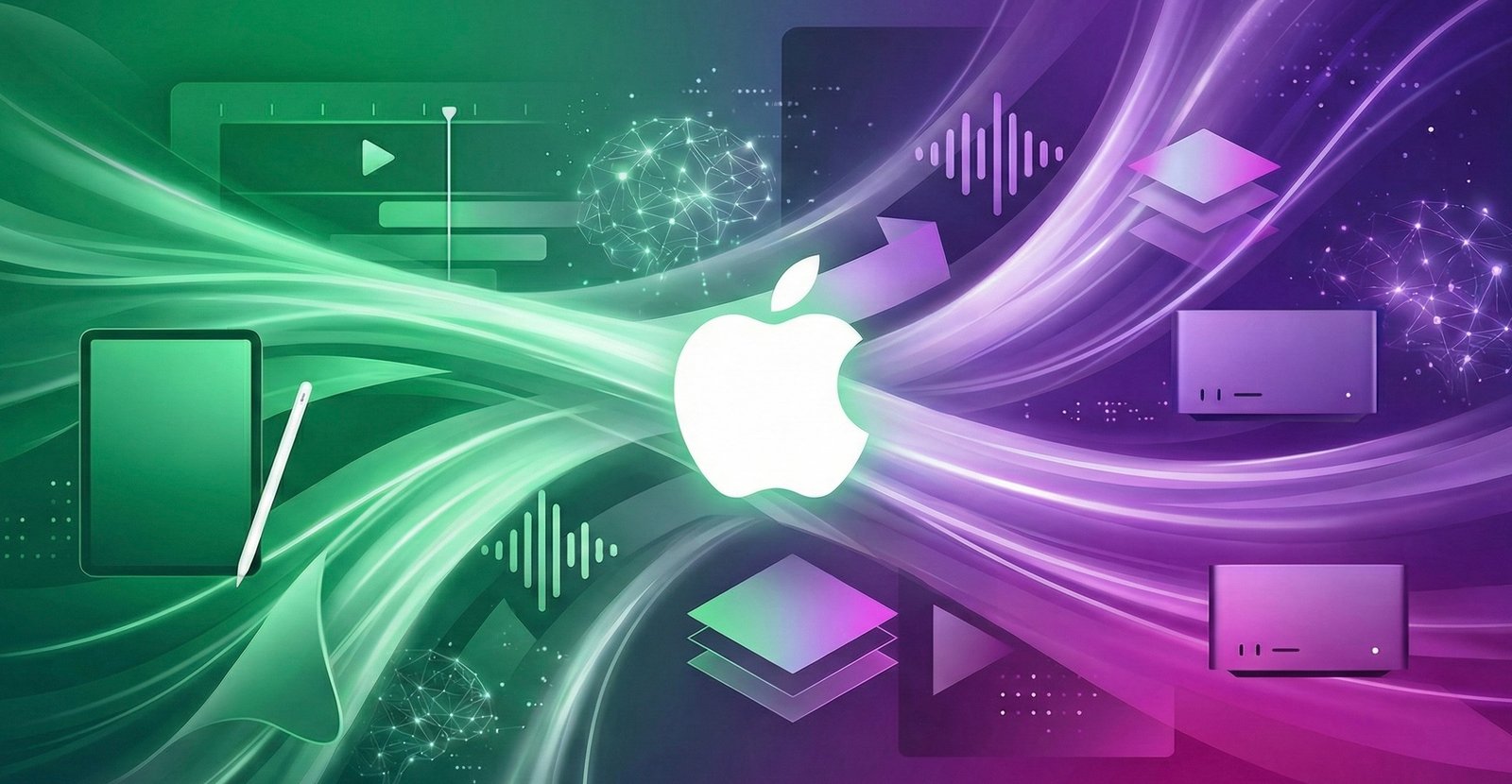 "Ilustración digital abstracta de Apple Creator Studio con el logo de Apple en el centro. Ondas de luz en tonos verdes y morados conectan un iPad y dispositivos Mac con iconos de edición de video, audio y diseño gráfico."