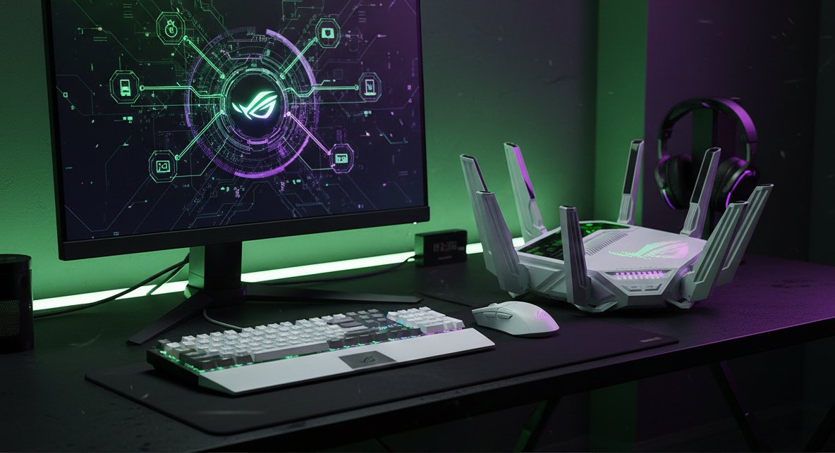 Router ASUS ROG Rapture GT-BE19000AI WiFi 7 sobre un escritorio gaming con iluminación LED verde y morada.