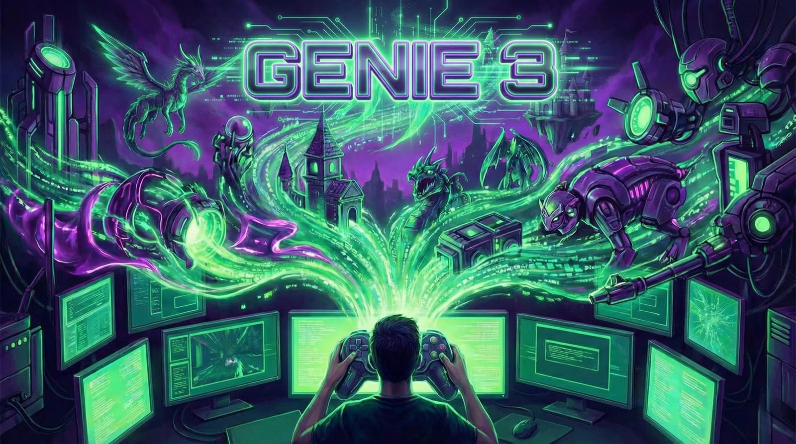 Portada futurista con el logo de Genie 3 mostrando la generación de un videojuego 3D en tiempo real con inteligencia artificial en tonos neón verdes y morados.