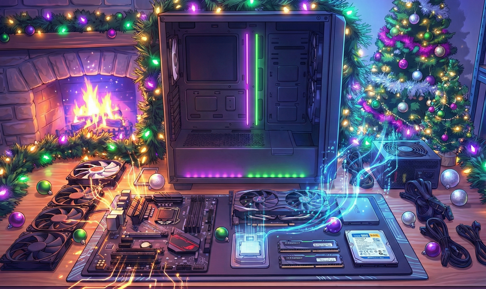 "Ilustración estilo anime para la portada de la guía sobre cómo montar un PC Gaming en 2026. Muestra a una chica gamer con pelo morado y verde ensamblando componentes de alta gama (placa base, tarjeta gráfica RTX, CPU Ryzen) sobre un escritorio con decoración navideña y luces neón."