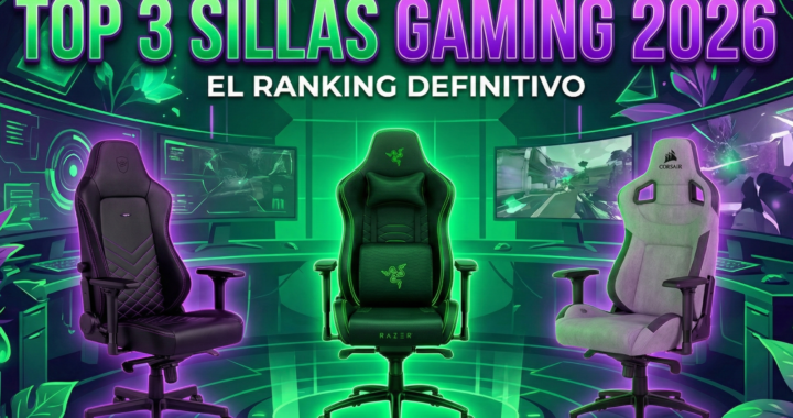 "Portada del ranking de las 3 mejores sillas gaming de 2026. Comparativa visual de los modelos Razer Iskur V2, Noblechairs Hero y Corsair T3 Rush con iluminación neón verde y morada."