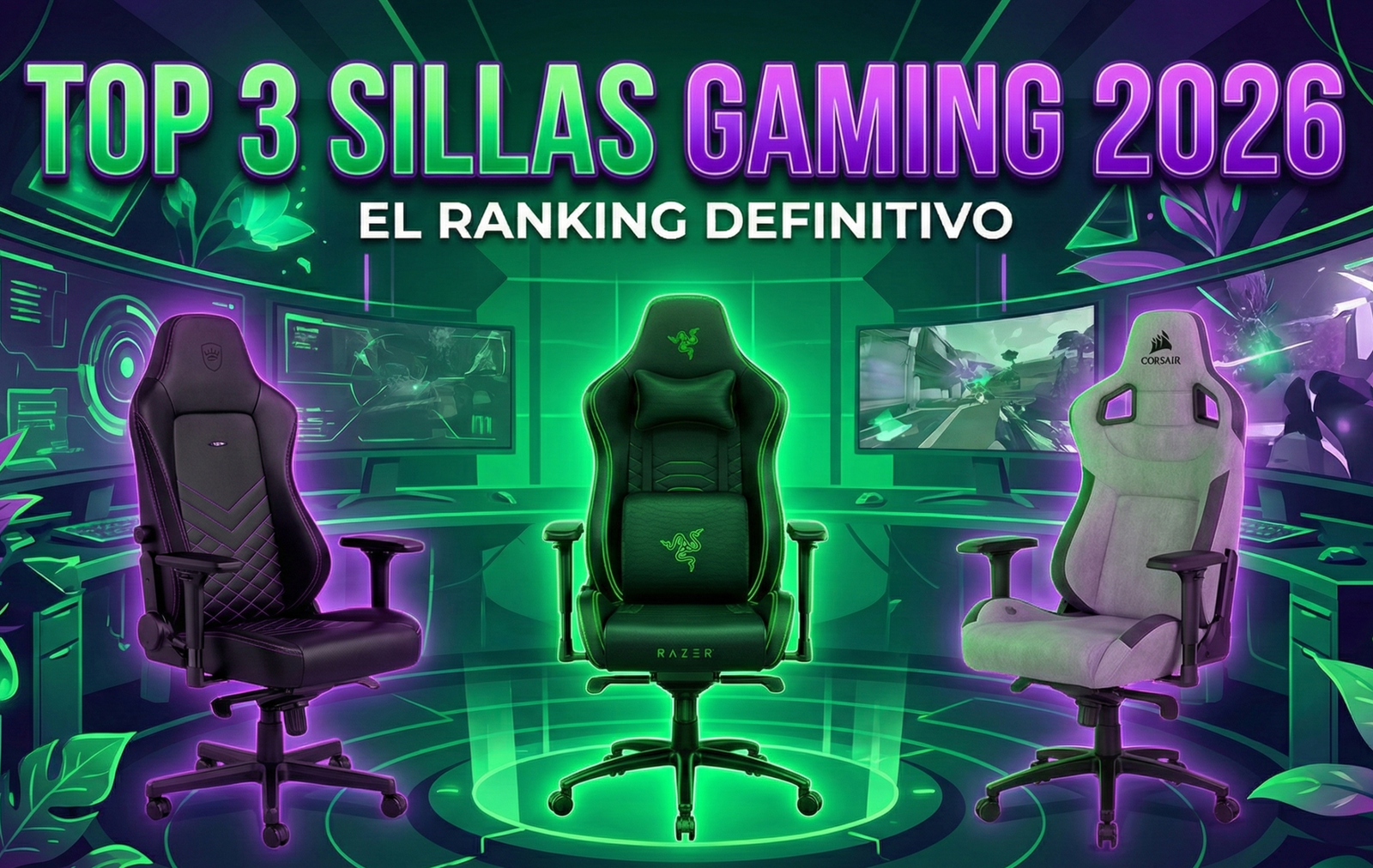 "Portada del ranking de las 3 mejores sillas gaming de 2026. Comparativa visual de los modelos Razer Iskur V2, Noblechairs Hero y Corsair T3 Rush con iluminación neón verde y morada."