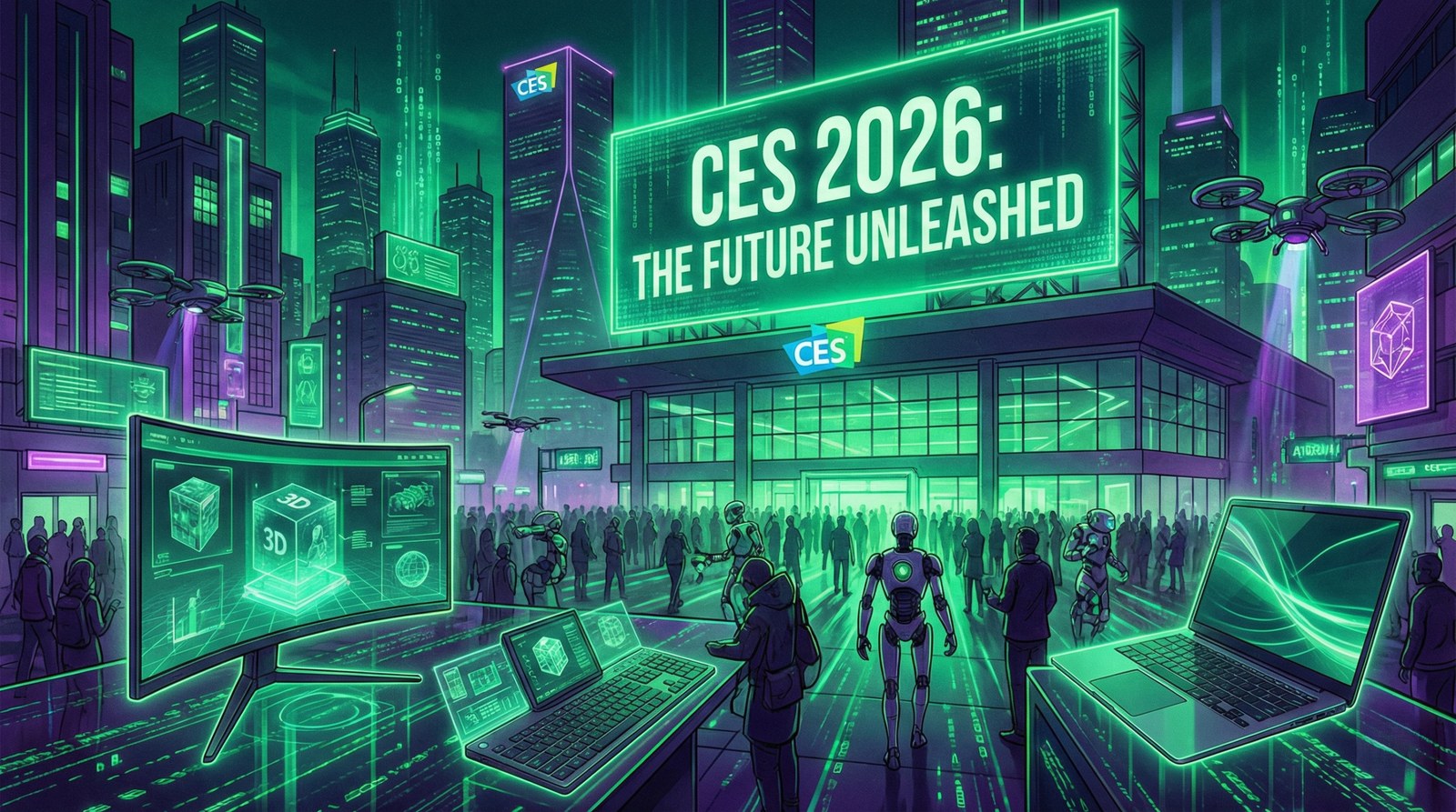 "Ilustración futurista estilo ciberpunk de la feria CES 2026 en Las Vegas, con luces de neón verdes y moradas. En primer plano se muestran novedades tecnológicas como un monitor 3D curvado holográfico, un teclado con pantallas integradas y un portátil avanzado, rodeados de robots y drones."
