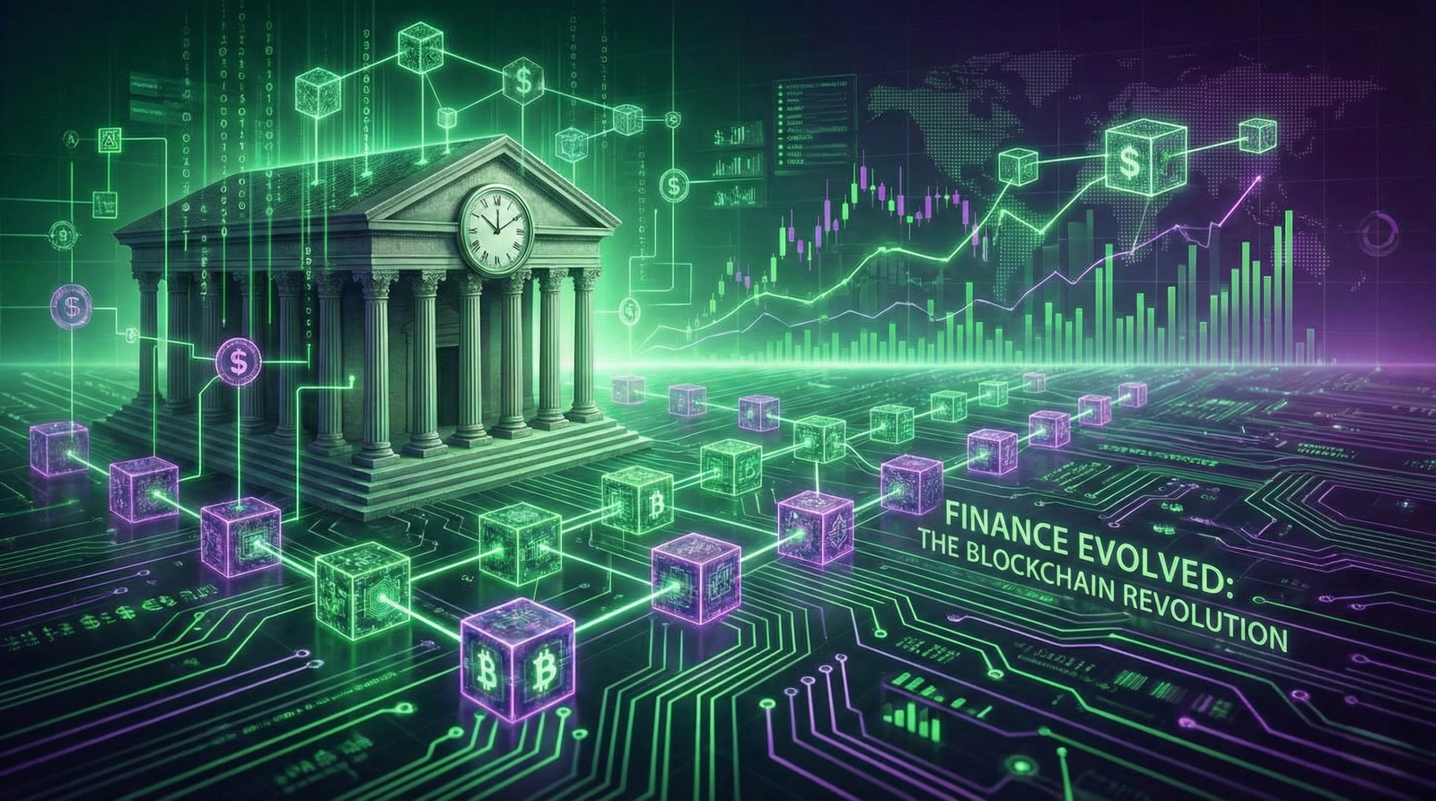Ilustración conceptual de portada que muestra la evolución financiera, conectando un edificio bancario tradicional con un bloque blockchain digital en un entorno tecnológico verde y morado.