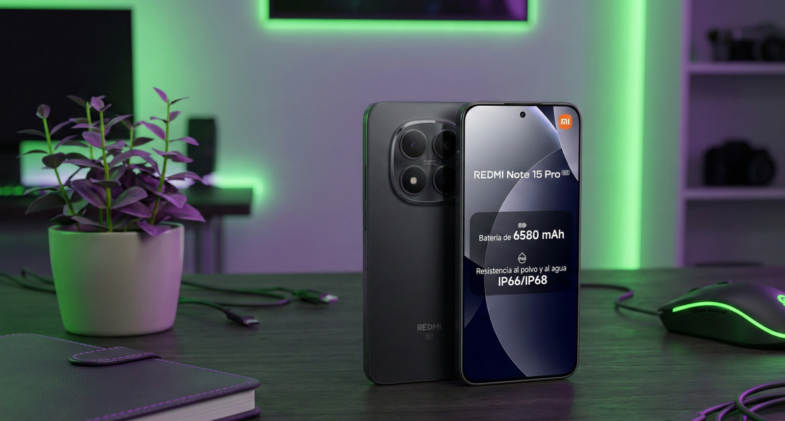 Vista frontal y trasera del smartphone Xiaomi Redmi Note 15 5G color negro sobre un escritorio con iluminación gamer verde y morada.