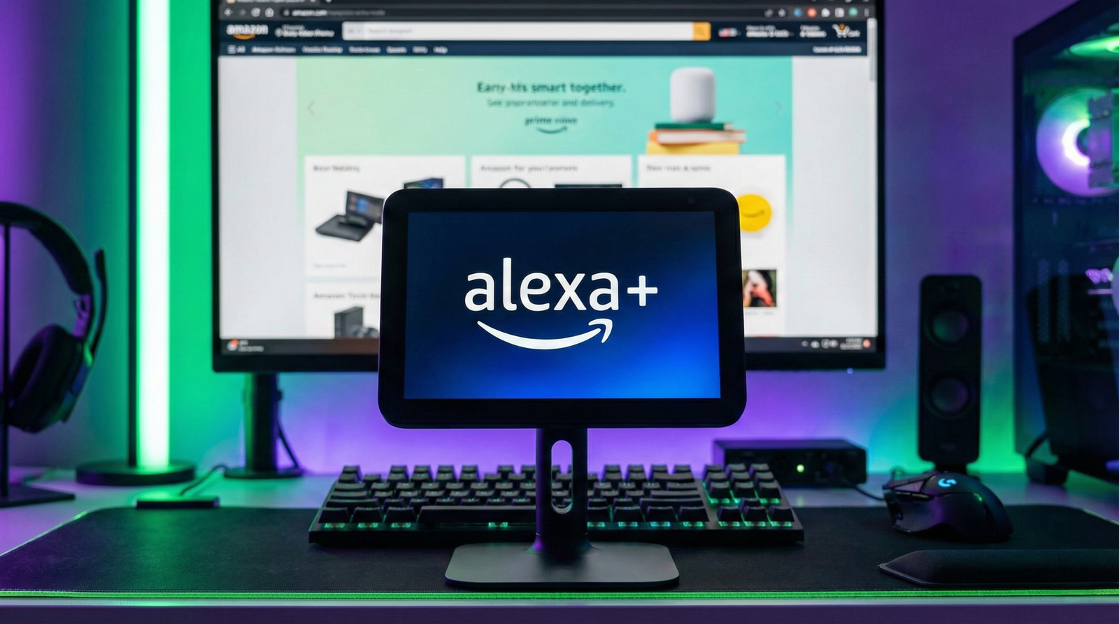 Escritorio setup tecnológico con iluminación neón verde y morada, mostrando un Amazon Echo Hub con el logo de Alexa Plus en primer plano y un monitor con la tienda de Amazon de fondo.