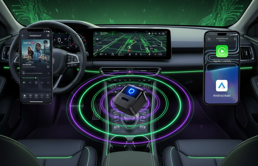 Interior de coche futurista con salpicadero digital en tonos verdes y morados, mostrando el adaptador inalámbrico OTTOCAST Mini Pico 2026 conectando un iPhone y un smartphone Android sin cables.
