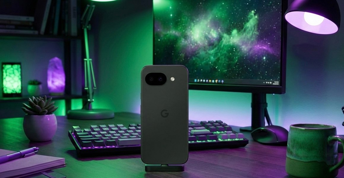 Vista vertical del smartphone Google Pixel 10a en color negro, de pie sobre su base en un escritorio de madera. Se aprecian su módulo de cámara doble, el flash LED y el logotipo "G". El entorno incluye un teclado mecánico con iluminación LED verde y morada, un ratón, una planta pequeña, una taza de cerámica y una lámpara de sal en una estantería, todo bajo una luz ambiental dual.