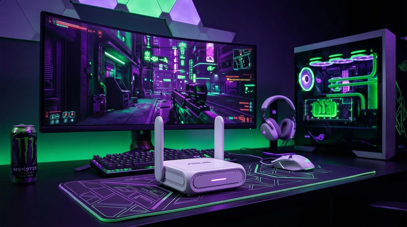 Router portátil ASUS RT-BE58 GO con tecnología WiFi 7 sobre un escritorio gamer iluminado en tonos verdes y morados, junto a un PC y un monitor ultrawide.