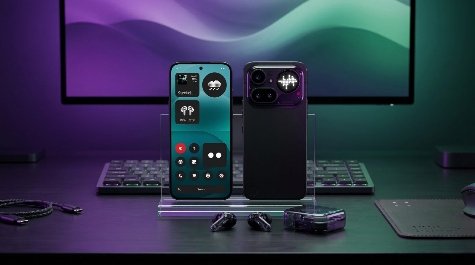Smartphone Nothing Phone 4a Pro en un escritorio iluminado con tonos verdes y morados, mostrando su diseño unibody de metal y pantalla AMOLED.