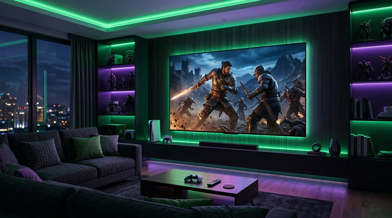 Salón moderno con iluminación LED verde y morada, mostrando un setup gaming donde una Smart TV de gran formato reproduce Crimson Desert utilizando escalado por inteligencia artificial.