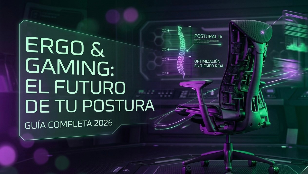 Silla de escritorio ergonómica futurista con tecnología de IA analizando la postura en un setup gaming iluminado en tonos verdes y morados.