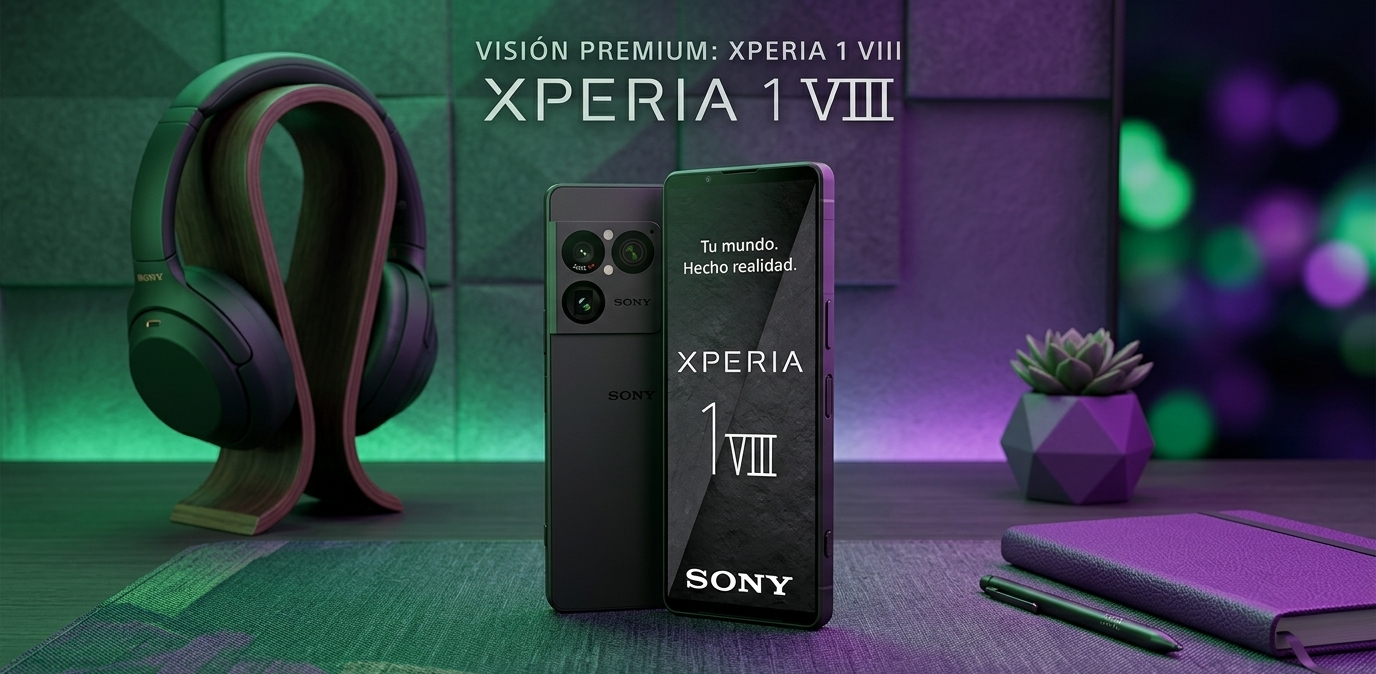 Smartphone Sony Xperia 1 VIII mostrando su pantalla OLED y módulo de cámaras sobre un escritorio de madera con iluminación verde y morada