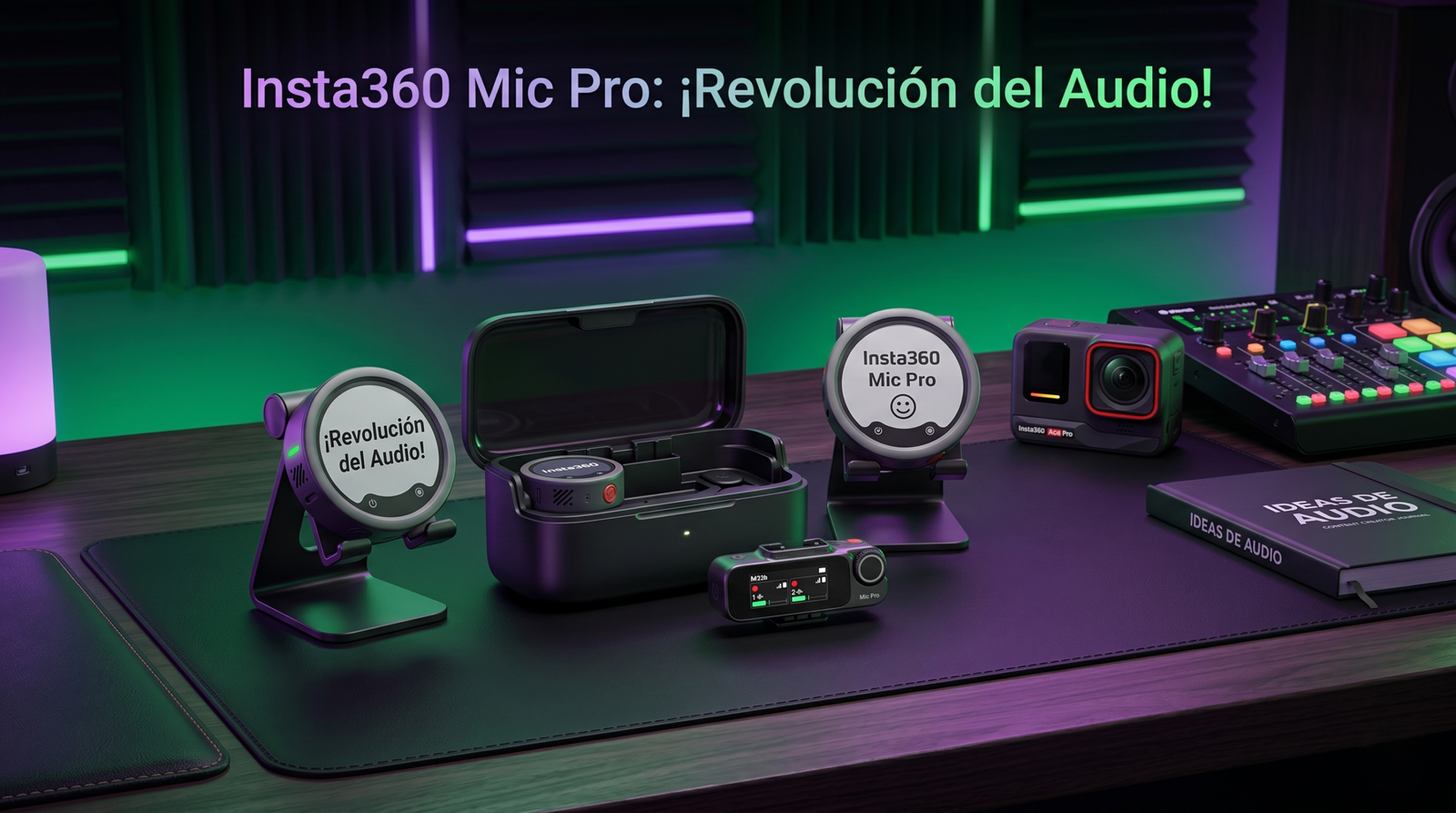 Micrófono inalámbrico Insta360 Mic Pro junto a su estuche de carga sobre un escritorio de grabación, mostrando una carita sonriente en su pantalla E-Ink bajo luz verde y morada.